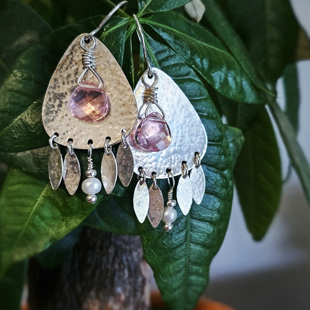 Handmade, Hammered Metal, Elegant Silver and Pink Dangle Earrings